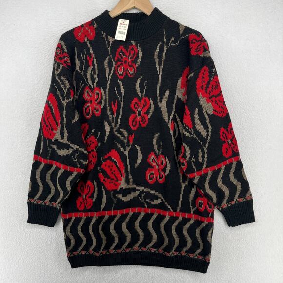 LORD & TAYLOR Sweater Womens L Floral Tunic Pullover Black USA VTG NEW NOS - Picture 1 of 13